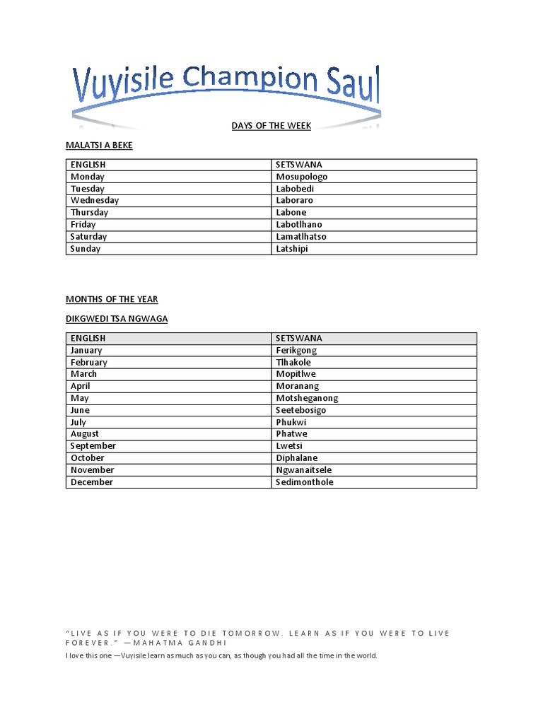Days of the Week in Setswana