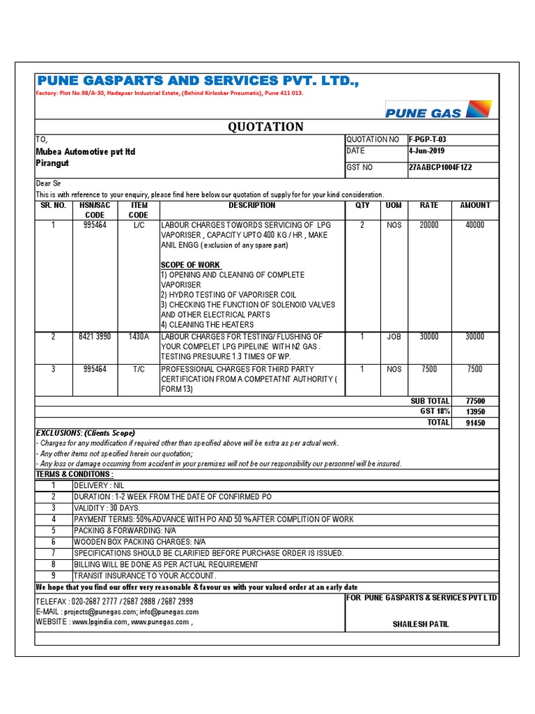 Pune Gasparts and Services Pvt. LTD., Quotation Download Free PDF