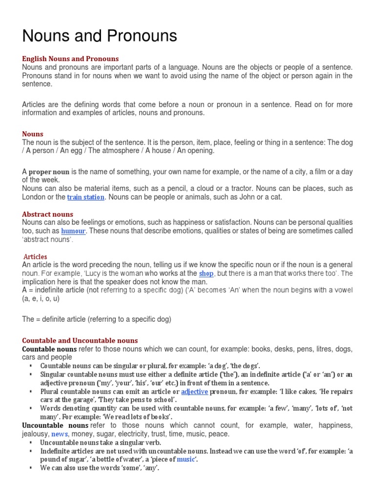 Nouns and Pronouns PDF Noun Pronoun