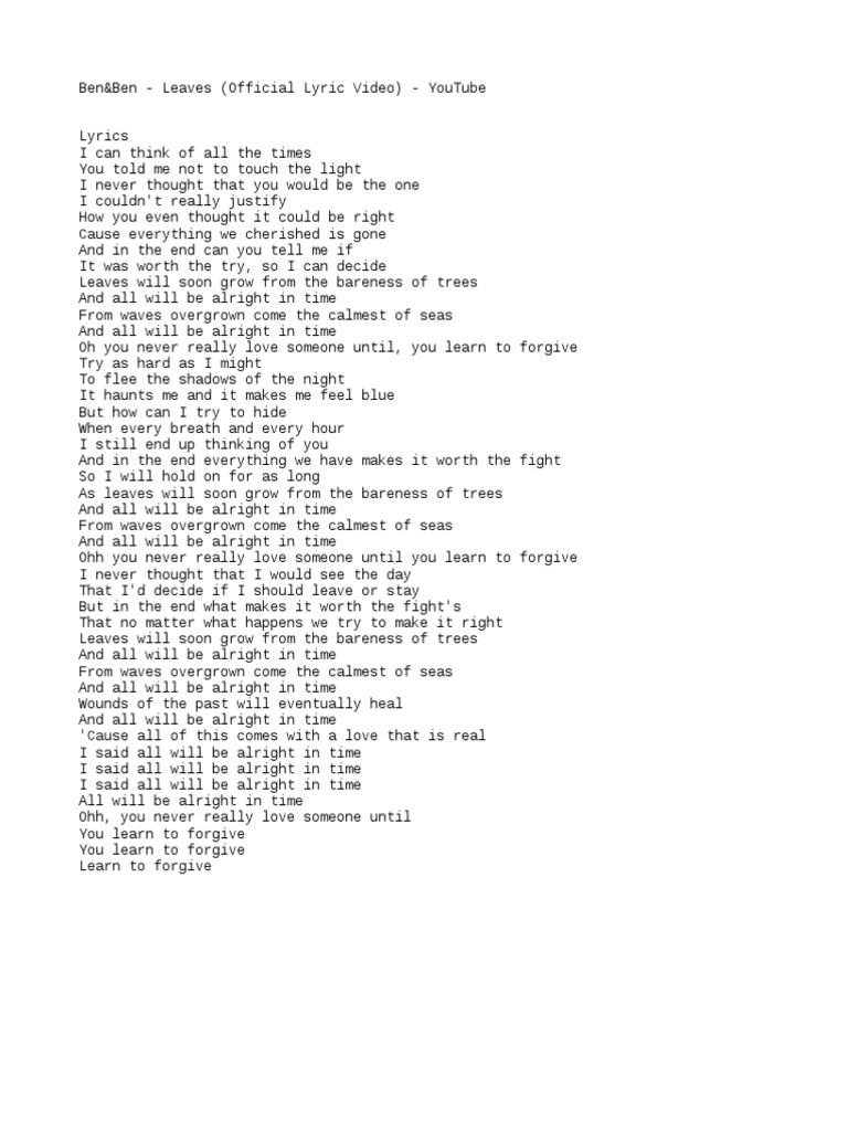 Leaves Lyrics Ben and Ben
