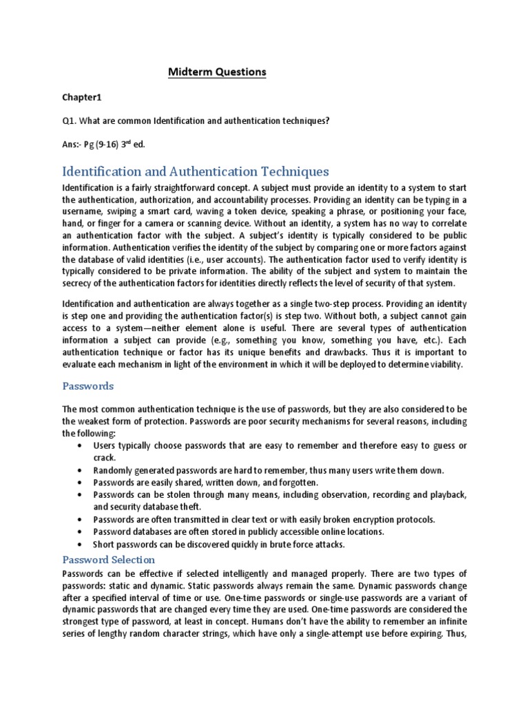 Identification and Authentication Techniques Midterm Questions PDF