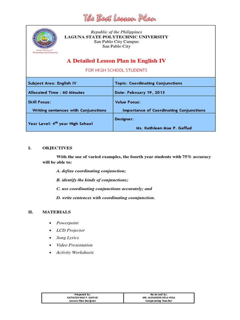 Coordinating Conjunctions Lesson Plan | PDF | Sentence (Linguistics ...