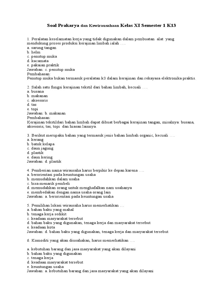 Soal Prakarya Dan Kewirausahaan Kelas Xi Semester 1 K13 Docx
