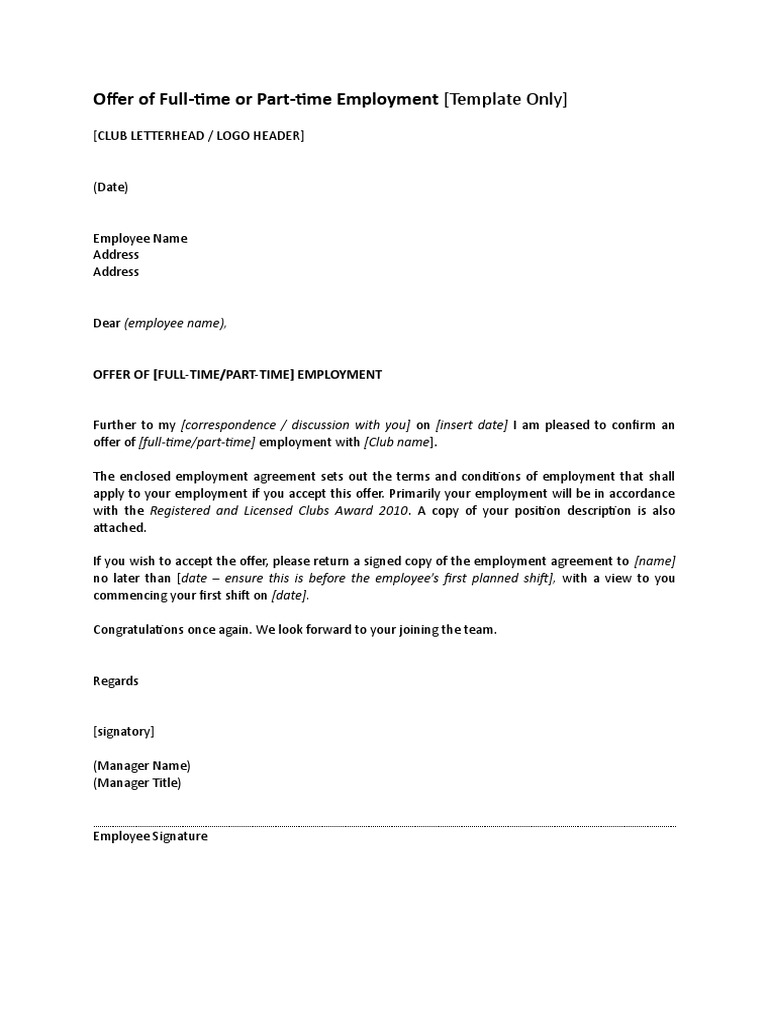 Offer of Full-Time or Part-Time Employment (Template Only) | PDF ...
