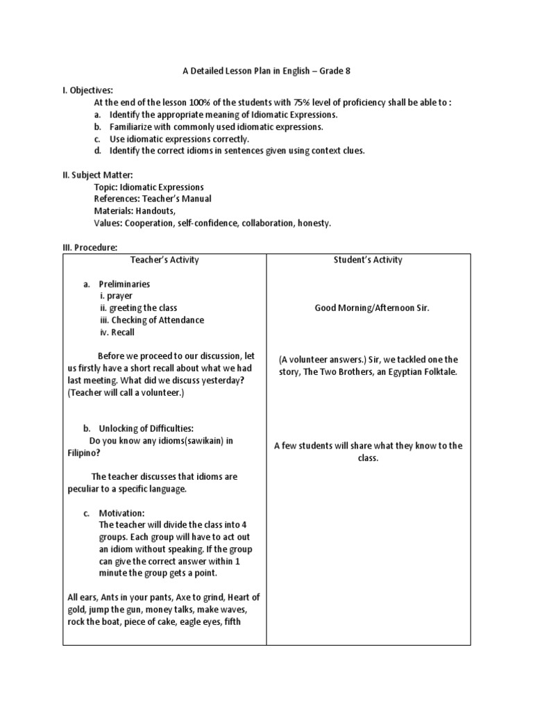 Lesson Plan for Grade 8 Idioms | PDF | Idiom | Linguistics