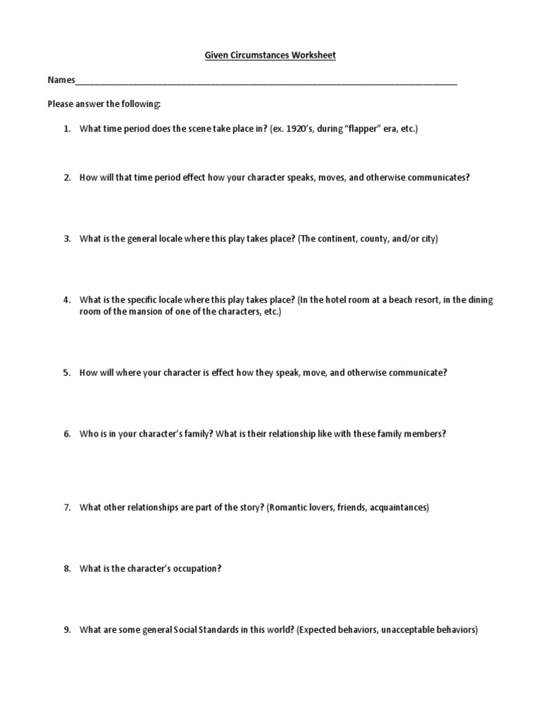 Given Circumstances Character Worksheet | PDF | Science & Mathematics