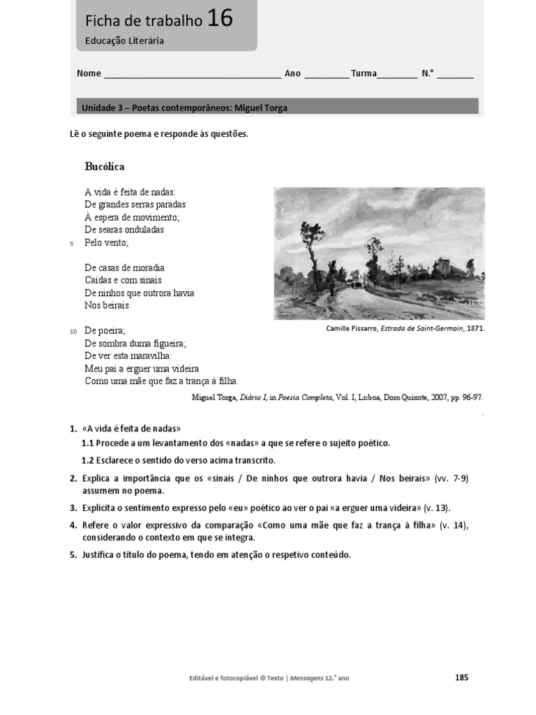 Fichas De Trabalho Mensagens 12Âºano Poetas Contemporaneos Poesia