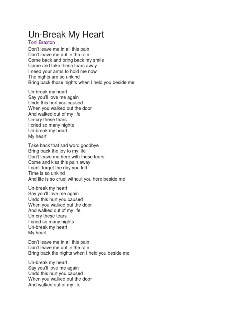 Lirik Lagu Unbreak My Heart - Toni Braxton | PDF | Number One Singles ...