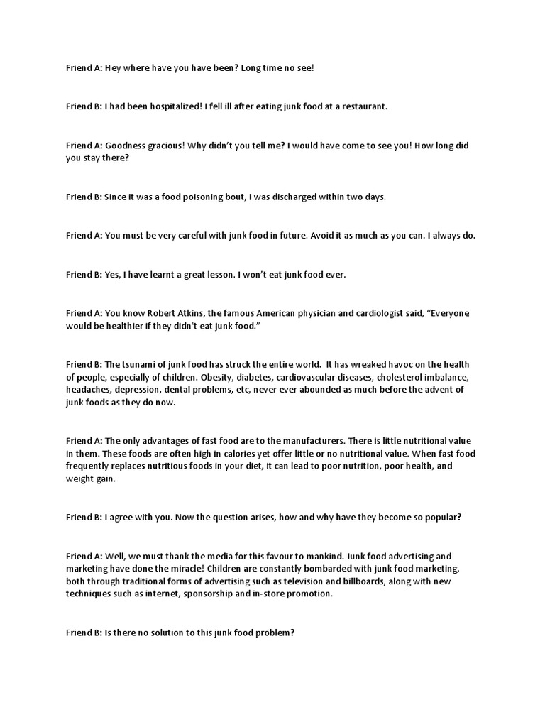 Conversation Between Friends Pdf Junk Food School Meal