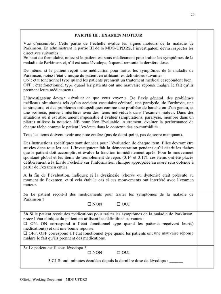 Évaluation Moteur MDS-UPDRS Partie III | PDF | Scoliose | Maladie de ...