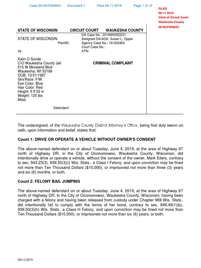 Kalin Sunde Criminal Complaint Summary | PDF | Lane | Traffic