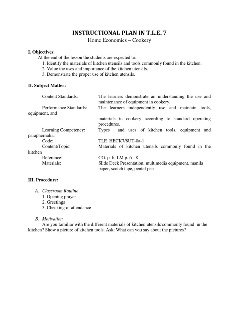 Grade 7 Cookery Lesson Plan: Kitchen Tools | PDF | Cookware And ...