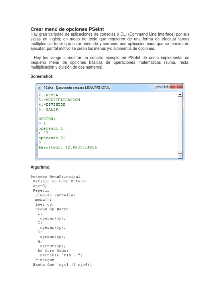 Menú de opciones para realizar operaciones matemáticas básicas en ...