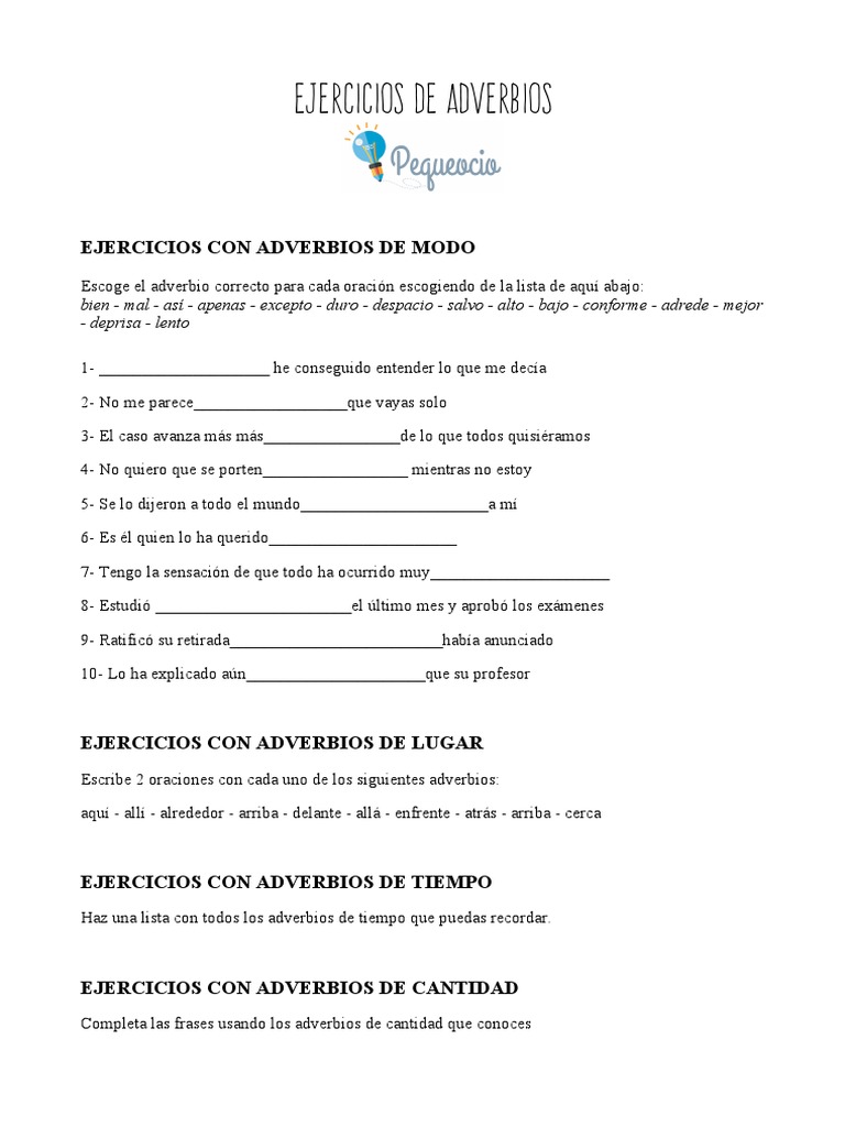Ejercicios de Adverbios para Primaria | PDF | Adverbio