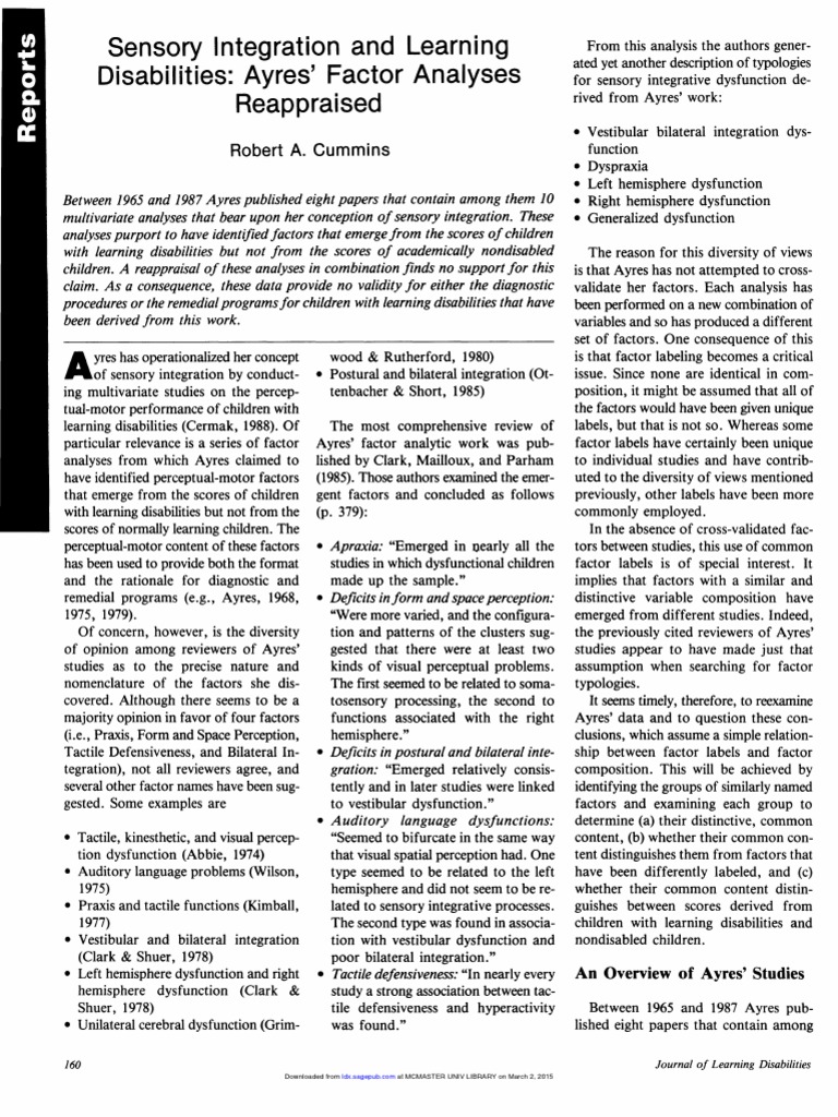 Sensory Integration and Learning Disabilities Ayres' Factor Analyses ...
