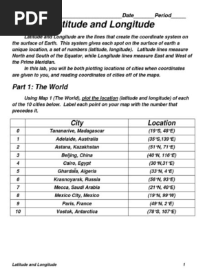 Latitude And Longitude Worksheet World Pdf Longitude Latitude