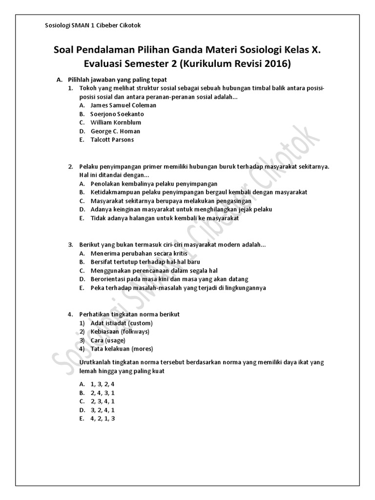 Soal Pendalaman Pilihan Ganda Materi Sosiologi Kelas X Evaluasi Semester 2 Kurikulum Revisi 2016
