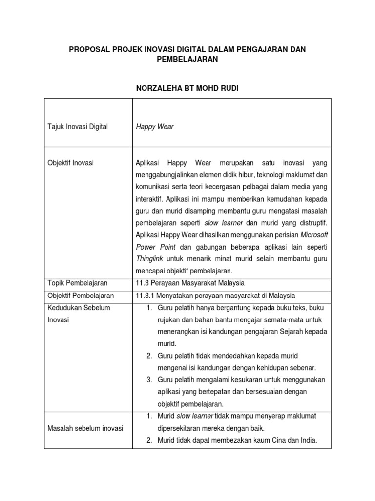 Proposal Projek Inovasi Digital Dalam Pengajaran Dan Pembelajaran