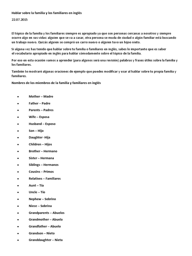 Vocabulario y frases sobre la familia en inglés | PDF | Padre e hijo ...