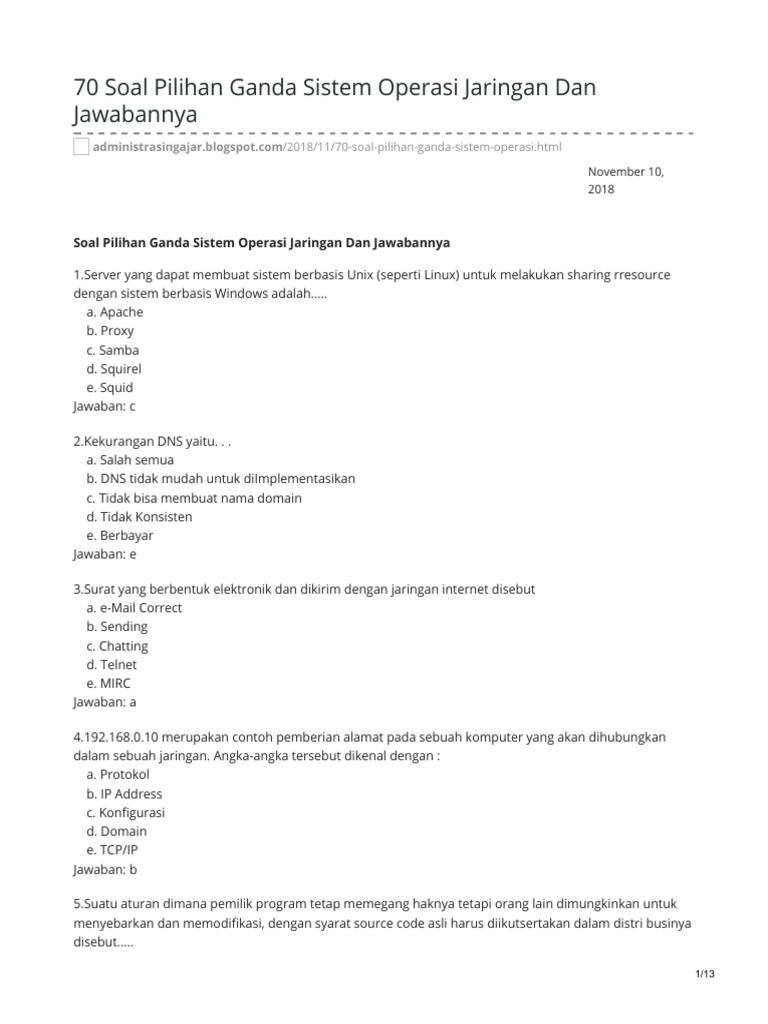 70 Soal Pilihan Ganda Sistem Operasi Jaringan Dan Jawabannya