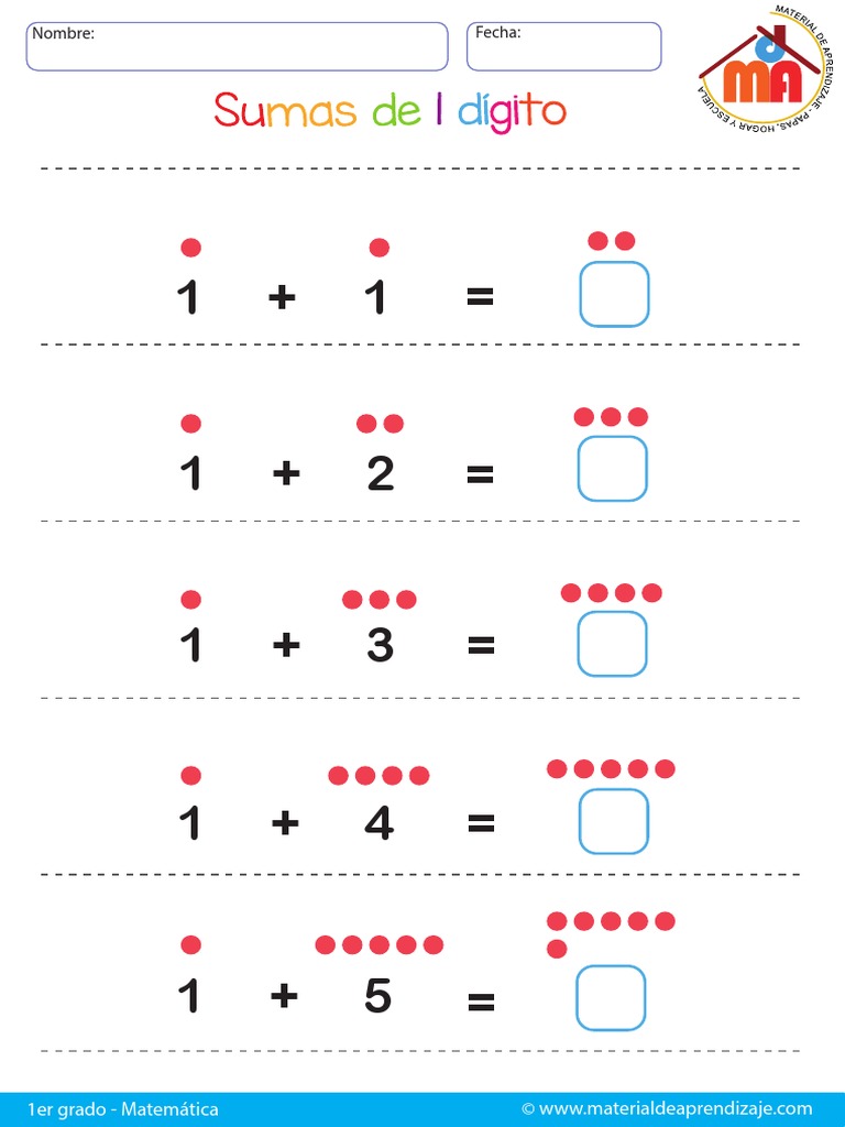 001 Sumas De 1 Digito Para Primer Grado Fácil Pdf Pdf Enseñanza De