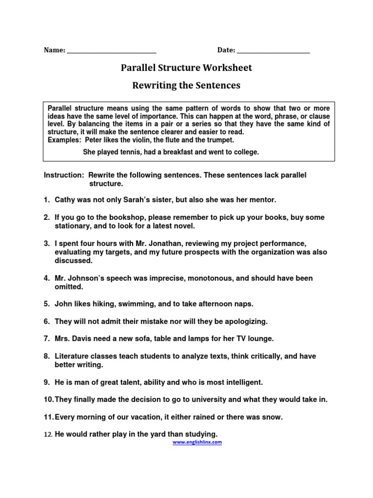 Rewriting The Sentences Parallel Worksheet | PDF | Sentence ...