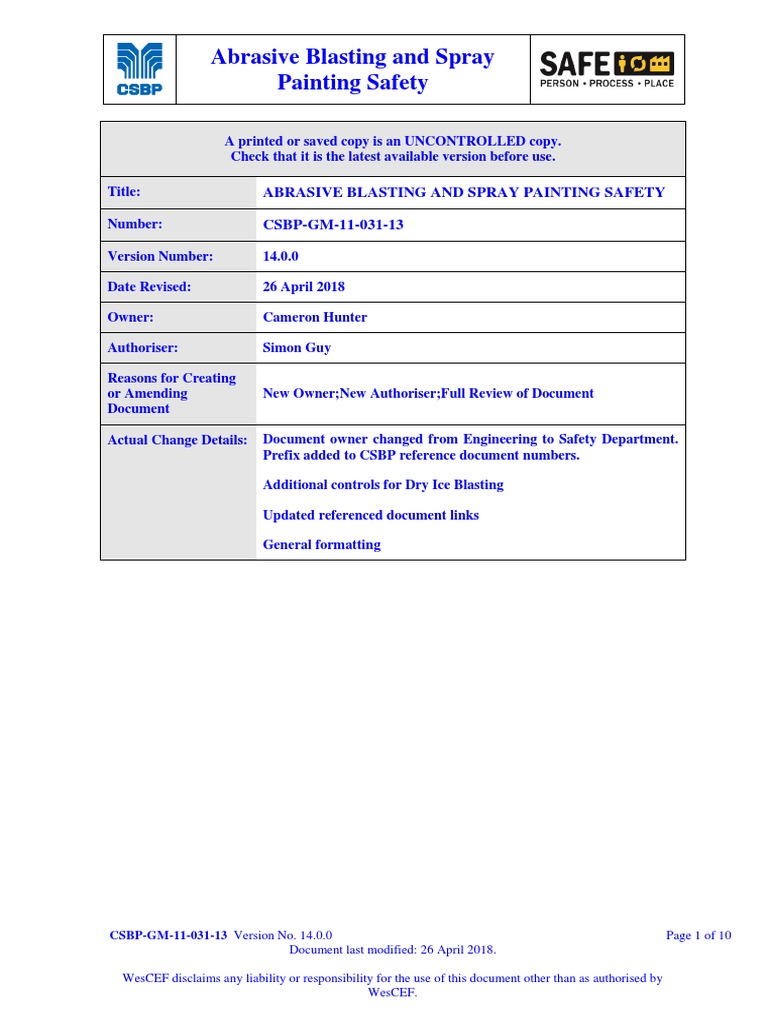 Abrasive Blasting and Spray Painting Safety PDF Paint Safety