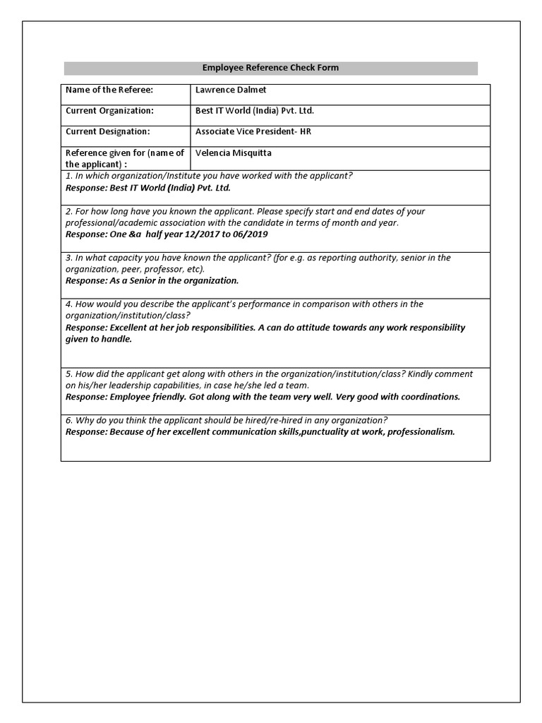 Employee Reference Check for Velencia Misquitta | PDF