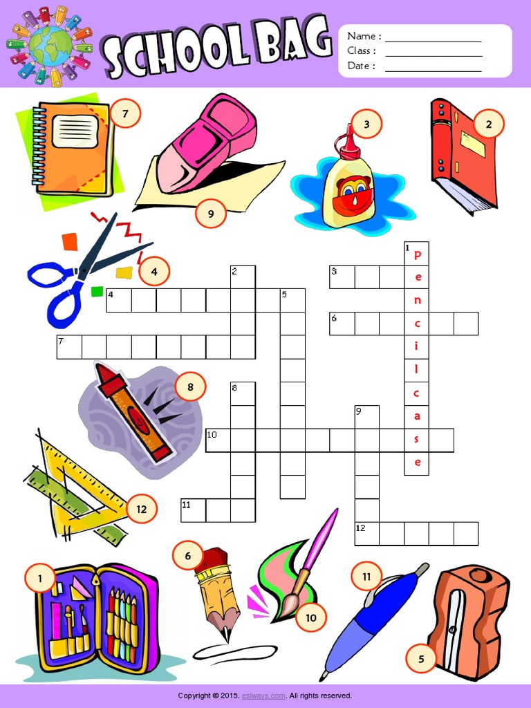 In My Schoolbag Esl Vocabulary Crossword Puzzle Worksheet For Kids | PDF