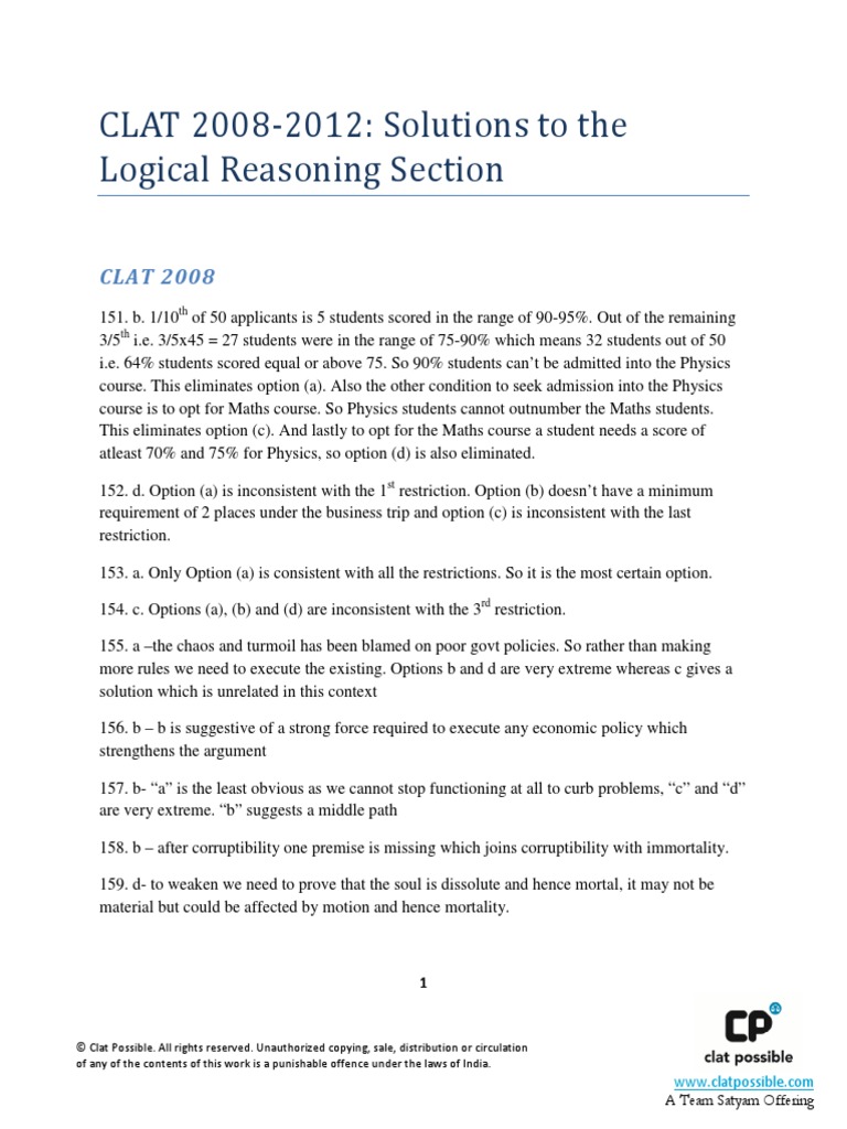 Clat 2008 2012 Logical Reasoning Section Solution PDF | PDF | Argument ...