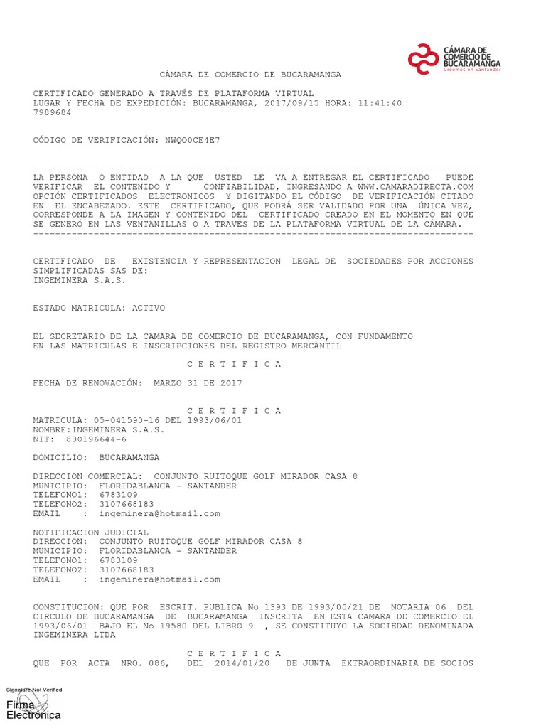 Certificado Cámara de Comercio Bucaramanga | PDF | Seguro | Economias