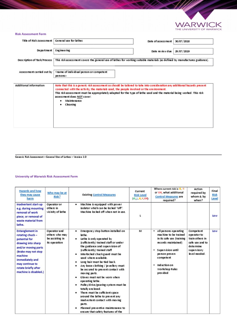 Generic Risk Assessment General Lathe Use v.1 PDF Risk Assessment