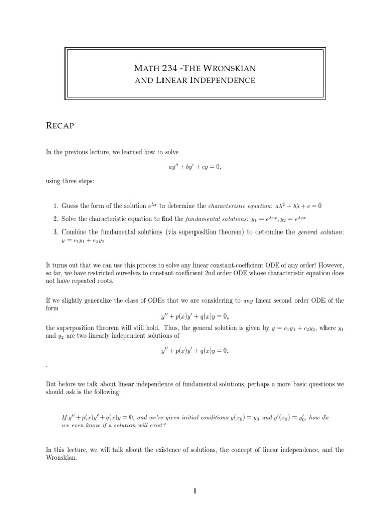Wronskian and Linear Independence Explained | PDF | Ordinary ...