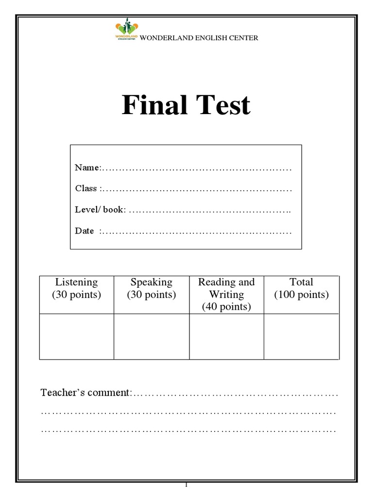 Wonderland English Center Final Test | PDF
