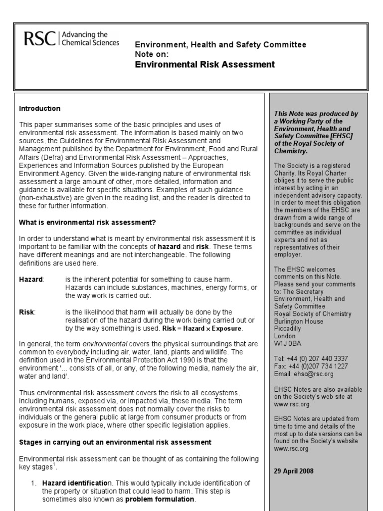 Environmental Risk Assessment Tcm18122341 Risk Assessment Hazards