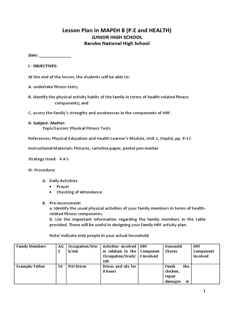 Grade 8 PE Lesson Plan: Fitness Tests | PDF | Lesson Plan | Behavior ...