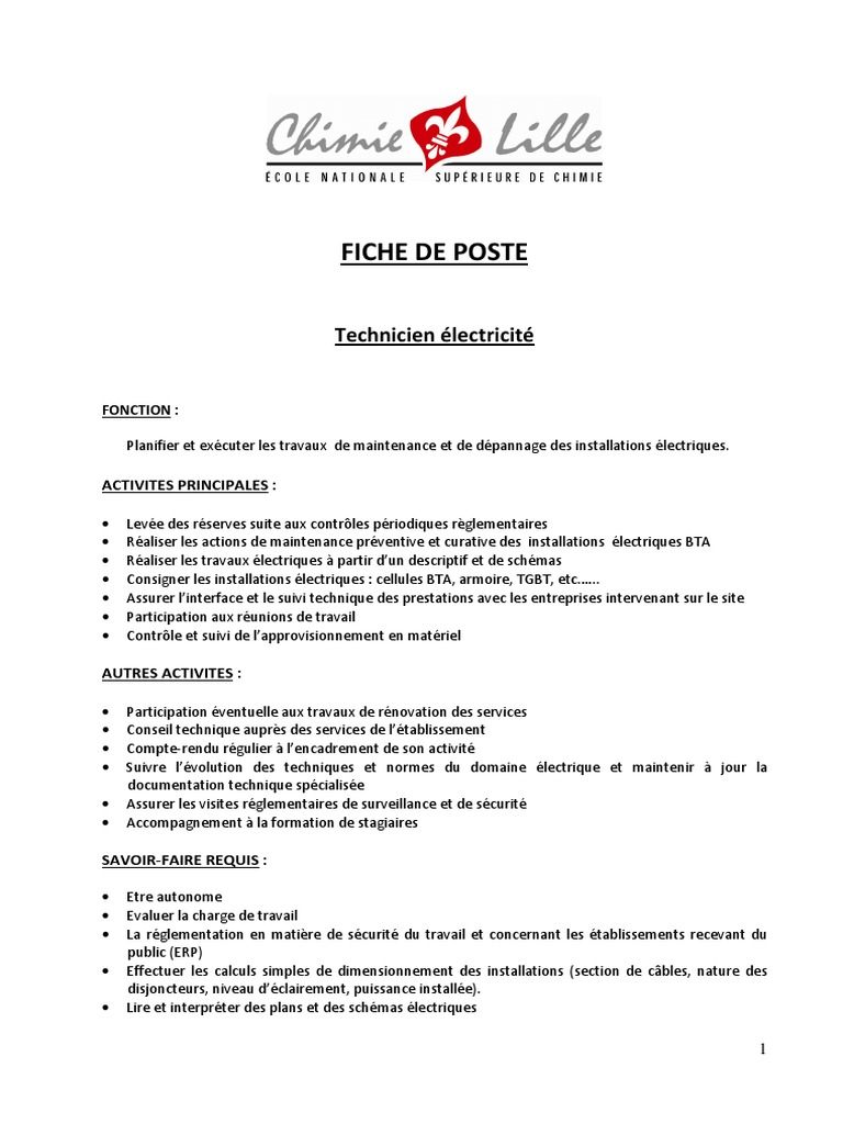 Fiche De Poste Electricien Pdf Securite Business
