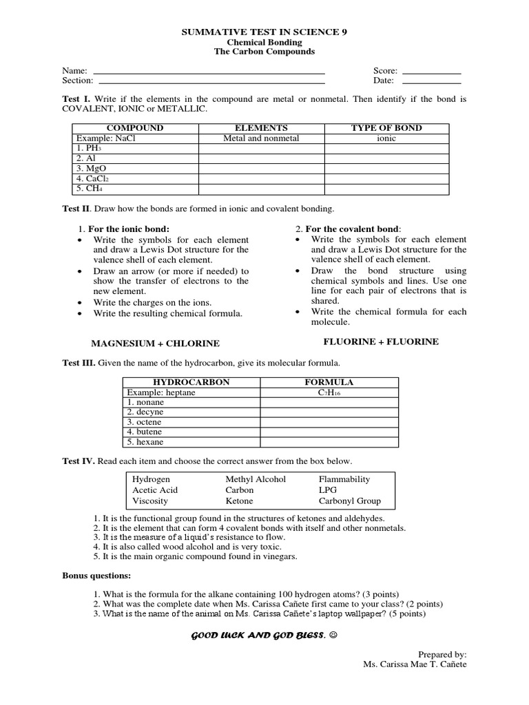 Grade 9 Chemistry Summative Test | PDF | Chemical Compounds | Covalent Bond