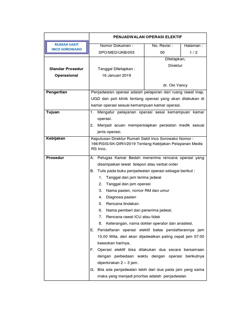 Penjadwalan Operasi Elektif RS Inco Sorowako | PDF