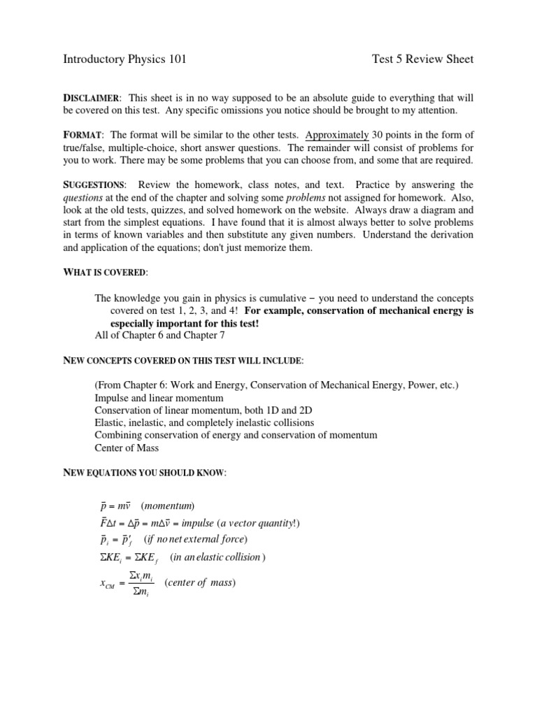 Introductory Physics 101 Test 5 Review Sheet | PDF | Collision | Momentum