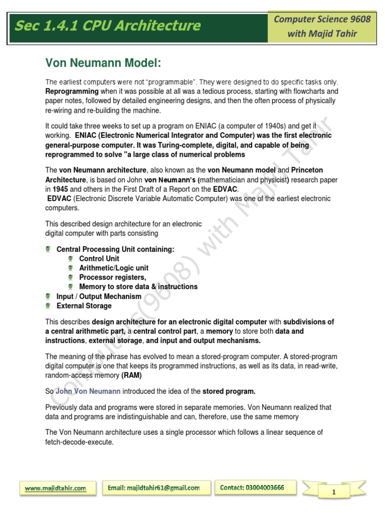 CPU Architecture PDF Central Processing Unit Computer Program