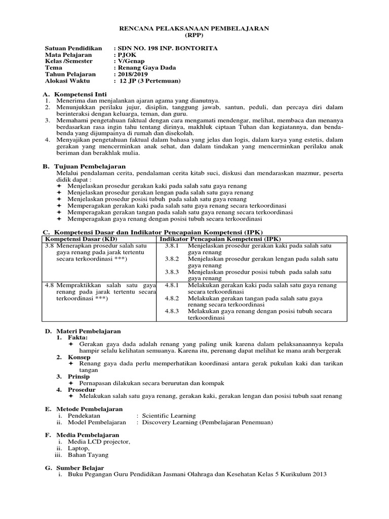 Rpp Kd 3 8 Subtema A Renang Gaya Dada