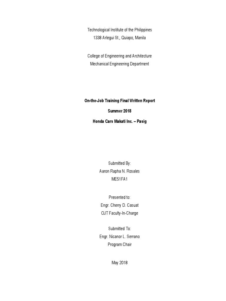 Final Written Report Ojt Honda Car
