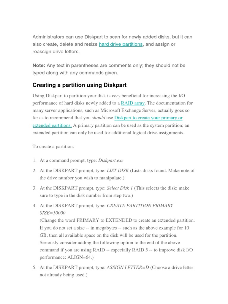 Creating A Partition Using Diskpart Hard Drive Partitions PDF Hard Disk Drive Areas Of