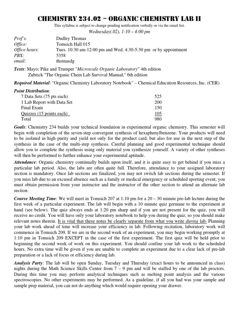 Chemistry 234.02 - Organic Chemistry Lab Ii | PDF | Laboratories | Data