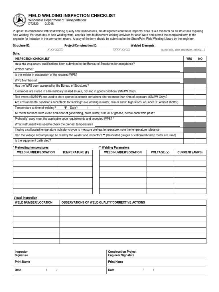 Field Welding Inspection Checklist Wisconsin Department of