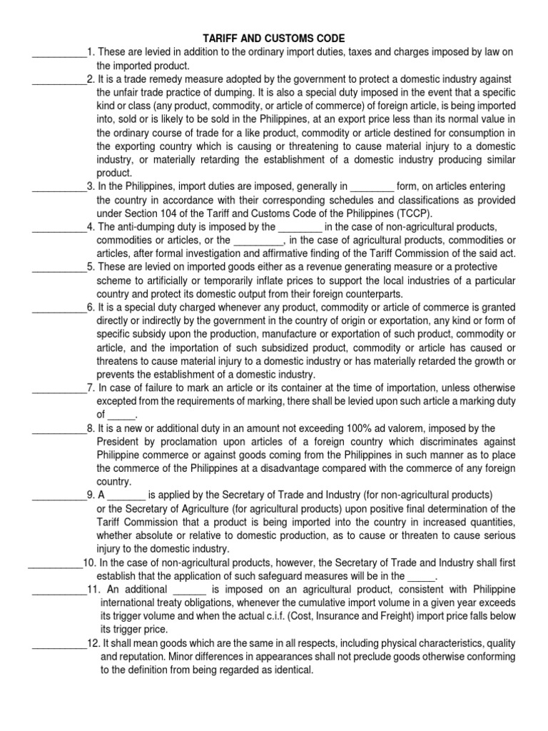 Tariff and Customs CodeAnswer PDF Customs Cargo