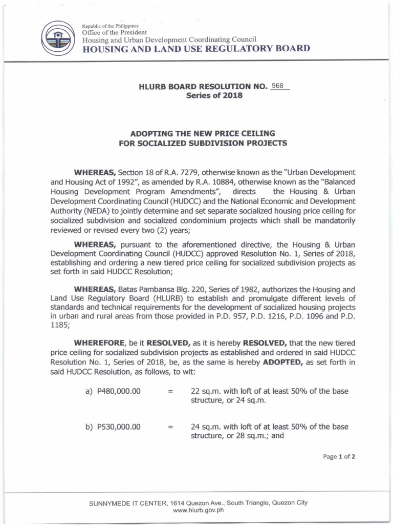 Housing and Land Use Regulatory Board Hlurb Board Resolution No
