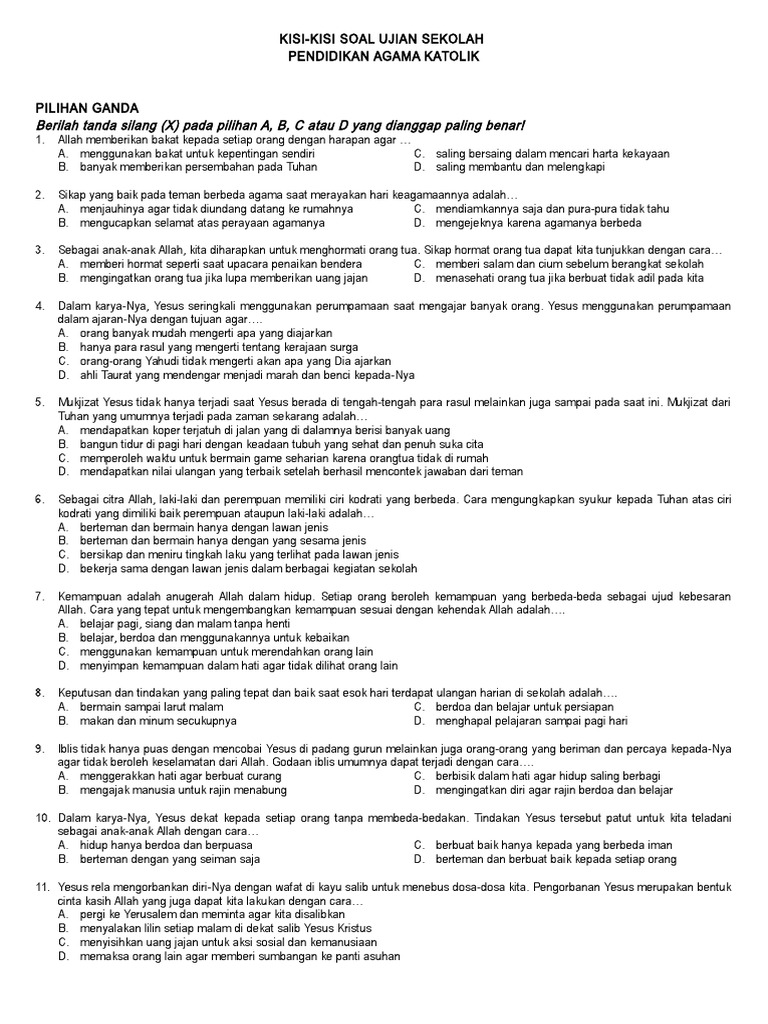 Kisi Kisi Soal Ujian Sekolah Pendidikan Agama Katolik