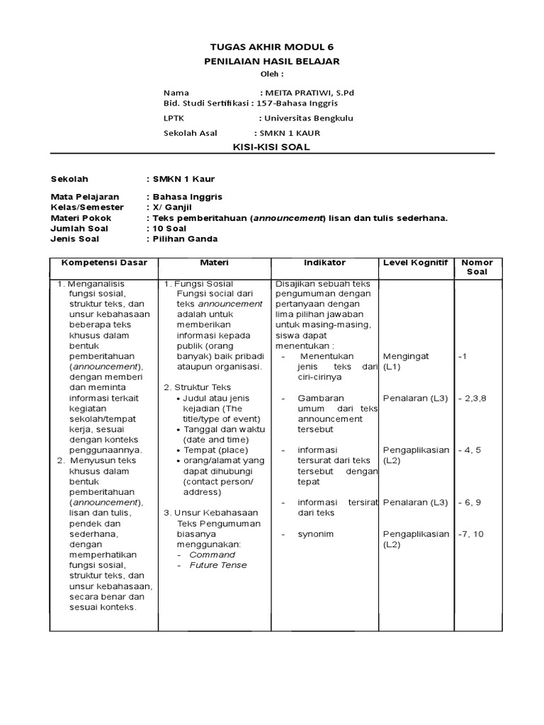 kisi kisi soal essay bahasa inggris kelas 9